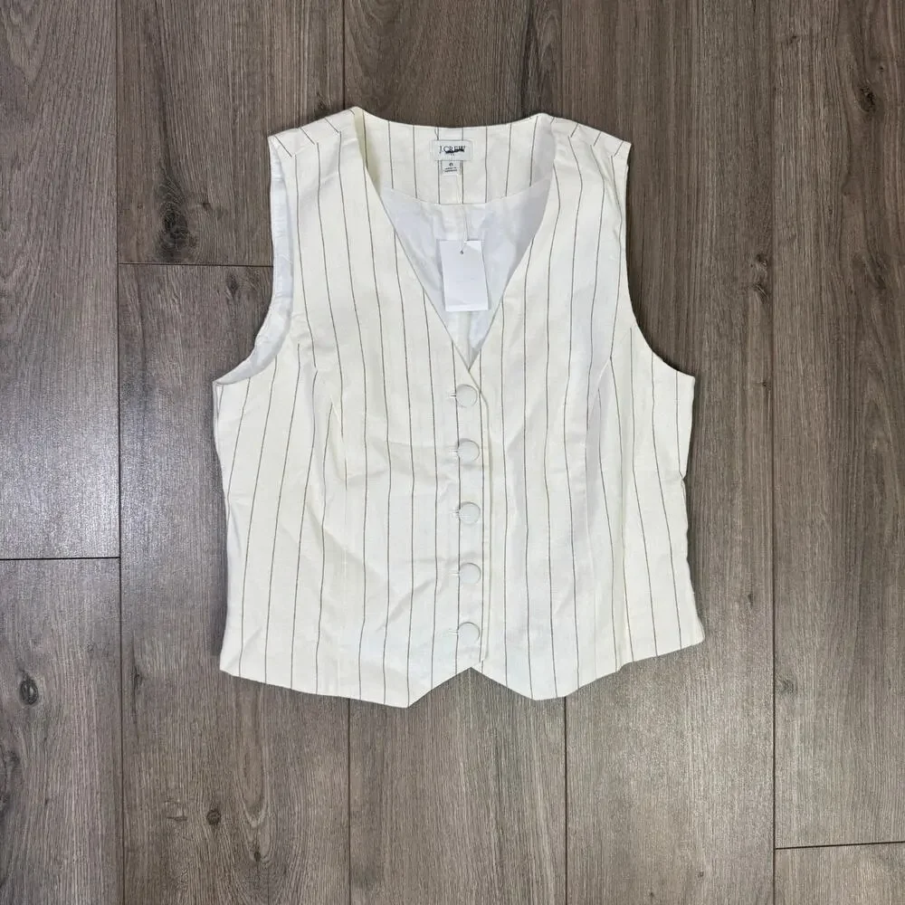 J.Crew Linen Blend Vest Womens 6 White Brown Pinstripes Sleeveless V-neck Lined